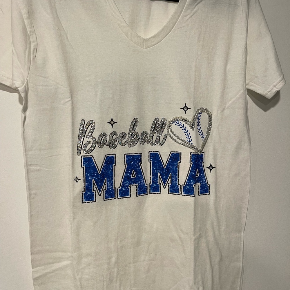 Hanes Women’s Baseball T-Shirt Embellished with Rhinestones and Pearls. Size S